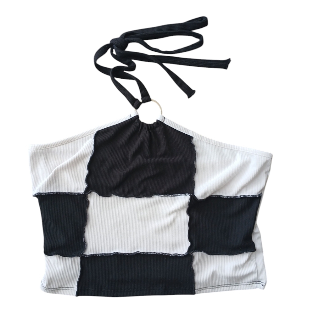 Asymmetrical Black and White Crop Top with Halter Neck and Tie Front Size XL